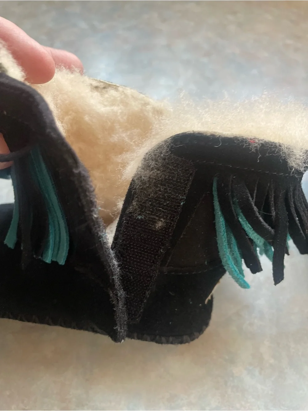UGG Black Suede Kids Fringe Boots with Teal Accents